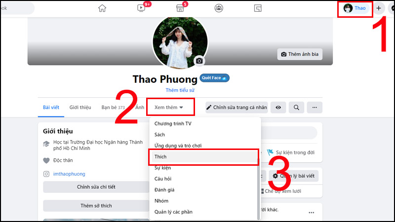  Vào trang cá nhân Facebook của bạn > Chọn Xem thêm > Kéo xuống dưới chọn Thích.
